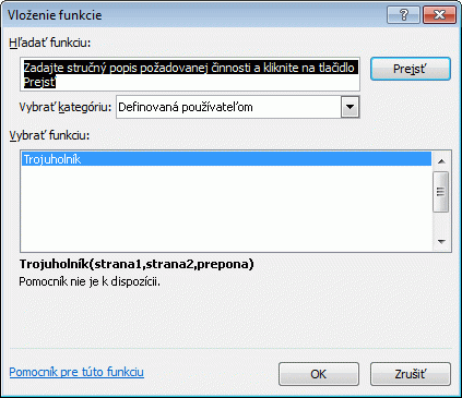 Dialógové okno Vloženie funkcie