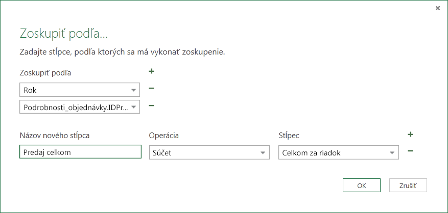 Dialógové okno Zoskupenie podľa pre operácie agregácie