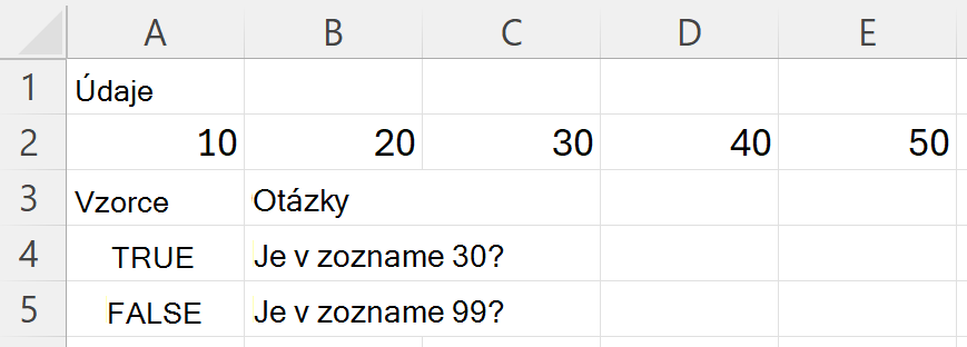 Funkcia HAS vráti hodnotu TRUE pre 30 a FALSE pre 99 pri vyhľadávaní v rozsahu obsahujúcom čísla 10, 20, 30, 40 a 50