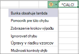 Chybové hlásenie a rozbaľovací zoznam pre chybu Lambda