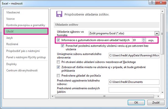 Možnosť Uložiť v dialógovom okne Excel – možnosti