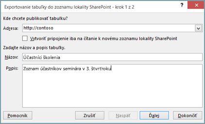 Dialógové okno sprievodcu exportovaním do SharePointu