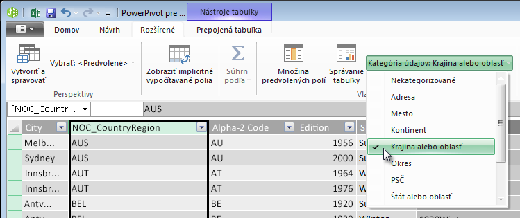 Kategórie údajov v doplnku PowerPivot