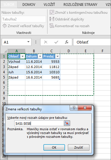 Zmena veľkosti tabuľky