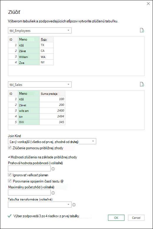 Možnosti približného zlúčenia v Power Query