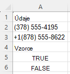 Použitie funkcie REGEXTEST na kontrolu, či sú telefónne čísla v určitej syntaxi, so vzorom ^\([0-9]{3}\) [0-9]{3}-[0-9]{4}$