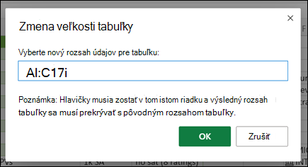 Dialógové okno Zmena veľkosti tabuľky