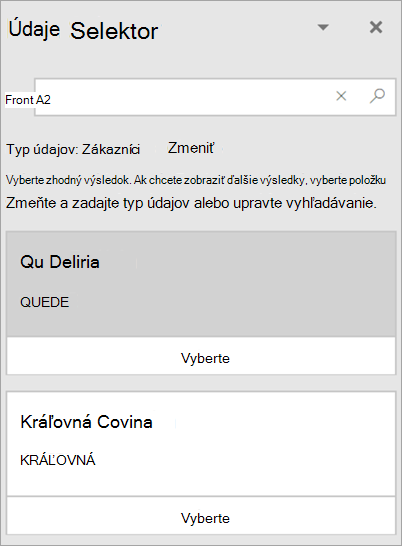 Snímka obrazovky s tablou Výber údajov.