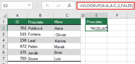 #SPILL! spôsobená vzorcom =VLOOKUP(A:A;A:D;2;FALSE) v bunke E2, pretože výsledky by presahovali okraj hárka. Presuňte vzorec do bunky E1 a bude fungovať správne.