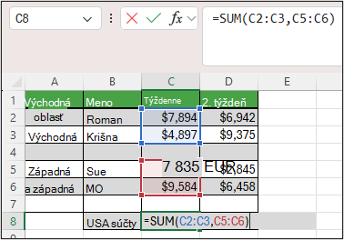 Snímka obrazovky Excelu zobrazujúca funkciu SUM s nesúvislými rozsahmi v bunke C8: =SUM(C2:C3;C5:C6).