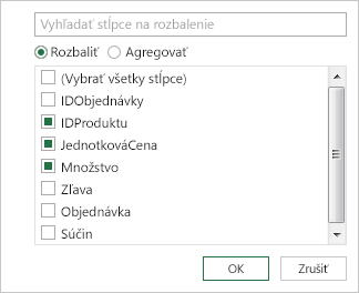 Výber názvov stĺpcov