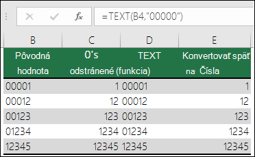Príklady použitia funkcie TEXT na formátovanie úvodných núl. =TEXT(A2,00000)