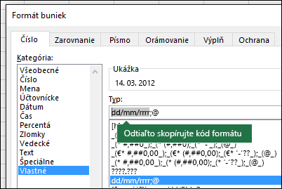 Príklad použitia dialógového okna Formát > čísel v bunkách >> Vlastné na formátovanie reťazcov v Exceli.