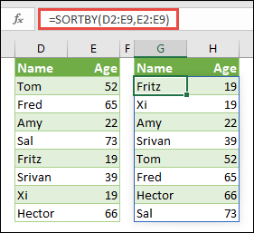 Zoradenie rozsahu pomocou funkcie SORTBY. V tomto prípade sme použili vzorec =SORTBY(D2:E9;E2:E9) na vzostupné zoradenie zoznamu mien ľudí podľa veku.