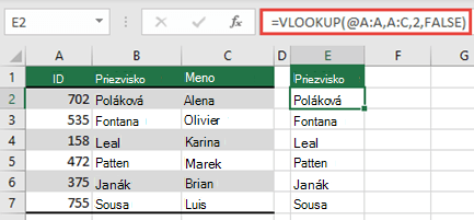 Použite operátor @ a kopírujte nadol: =VLOOKUP(@A:A;A:C;2;FALSE). Tento štýl odkazu funguje v tabuľkách, ale nevráti dynamické pole.