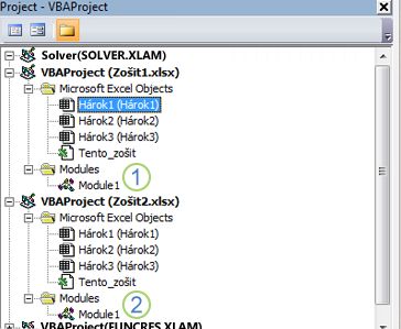 Tabla Prieskumník projektu VBA zobrazujúca projektové stromy pre VBA Book1.xlsm a VBAProject Book2.xlsm. Číslo 1 označuje položku Modul1 pod priečinkom Moduly Zošit2.xlsm a číslo 2 označuje priečinok Moduly v časti Zošit1.xlsm, čo označuje umiestnenie, kam sa má modul presunúť, aby sa skopíroval.