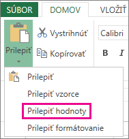 Príkaz Prilepiť zobrazujúci možnosť Prilepiť hodnoty v aplikácii Excel Web App