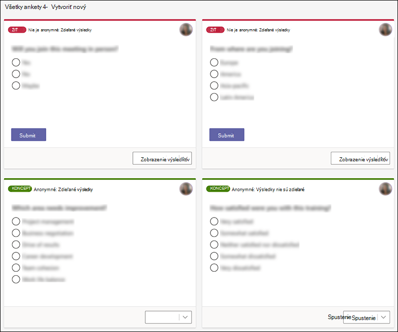 Ankety Microsoft Forms vytvorené v aplikácii Teams v rôznych štátoch, napríklad živé a konceptové