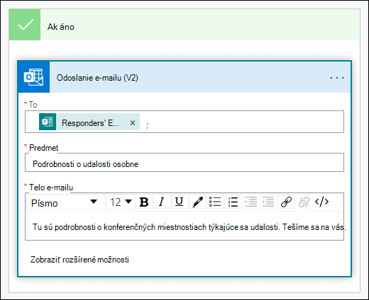 Pridanie osôb, predmetu a textu do e-mailu ako akcie v Power Automate
