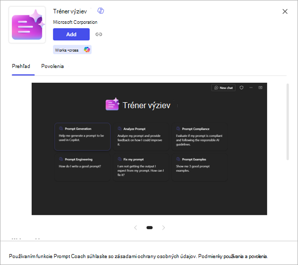 Snímka obrazovky aplikácie zobrazujúca ďalšie podrobnosti a možnosť pridať ju do Microsoft 365 Copilot.