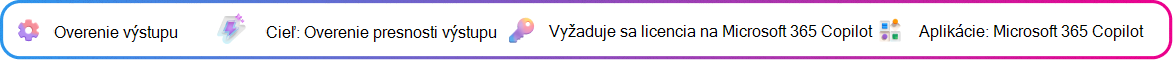 Kontextová karta overenia výstupu zameraná na overenie stručného rozhodnutia vygenerovaného Copilotom pred konaním na ňu. Cieľ: Potvrdenie stručnej presnosti. Vyžaduje sa licencia na Microsoft 365 Copilot. Aplikácia: Microsoft 365 Copilot.