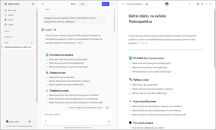 Zobrazenie Copilot Chat a stránok kopírovania vedľa seba v aplikácii Microsoft 365 Copilot.