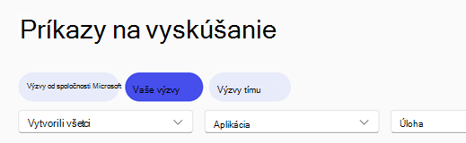 Hlavička navigácie Galéria príkazov Copilota s vybratou kartou Vaše výzvy.