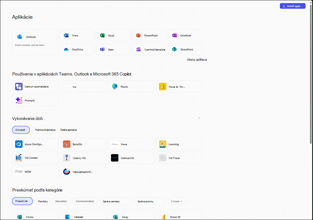 Modul Aplikácie v aplikácii Microsoft 365 Copilot.