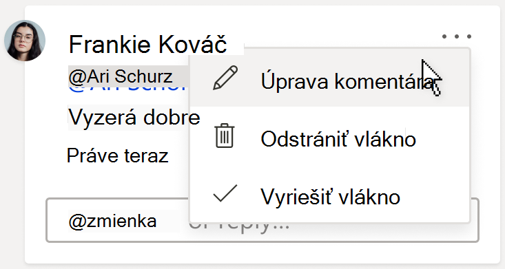 Obrázok karty komentára zobrazujúcej možnosť Upraviť komentár. Táto možnosť sa nachádza v rozbaľovacej ponuke Ďalšie akcie vlákna, ktorá sa nachádza v pravom hornom rohu komentára.