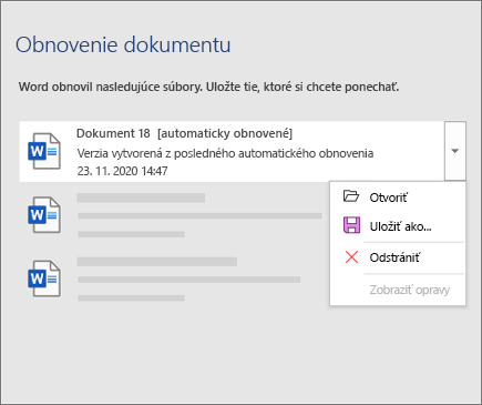 Súbor automatického obnovenia uvedený na table Obnovenie dokumentu
