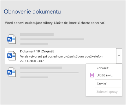 Originálny dokument naposledy uložený používateľom uvedeným na table Obnovenie dokumentu