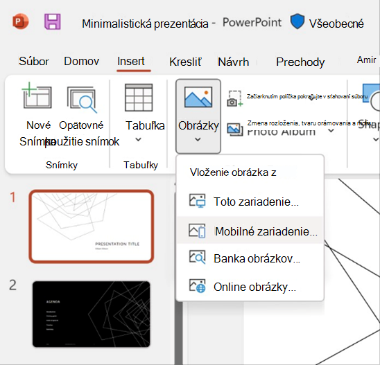 Snímka obrazovky s vložením obrázka z funkcie mobilného zariadenia v PowerPointe.