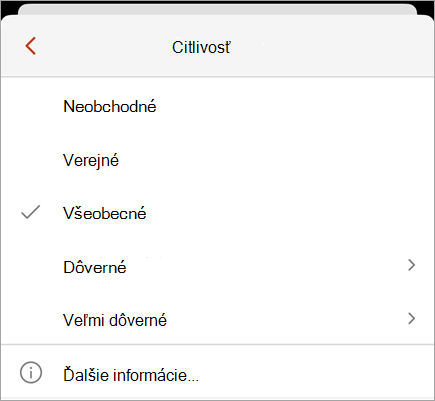 Snímka obrazovky s ponukou citlivosti zobrazujúcou dostupné označenia citlivosti.