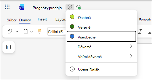 Rozbaľovací zoznam označení citlivosti v Office pre web s použitím Word dokumentu ako príkladu a štandardných názvov označení