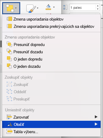 Ponuka Usporiadať s vybratou položkou Otočiť