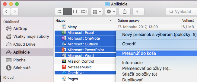 Presunutie aplikácií balíka Office do koša