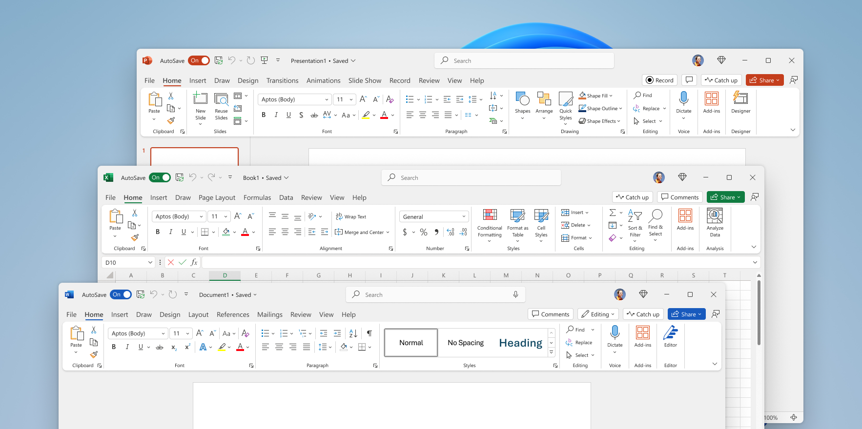 Snímka obrazovky zobrazujúca PowerPoint, Excel a Word s obnovením vizuálu na páse s nástrojmi