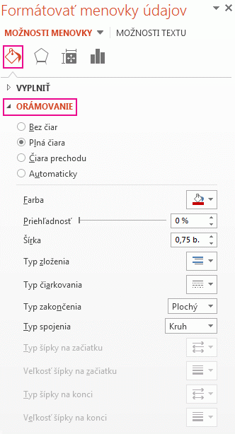 Karta Výplň a čiara na pracovnej table Formátovať označenia údajov