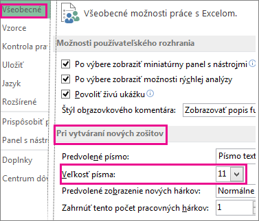 Možnosti v dialógovom okne Všeobecné