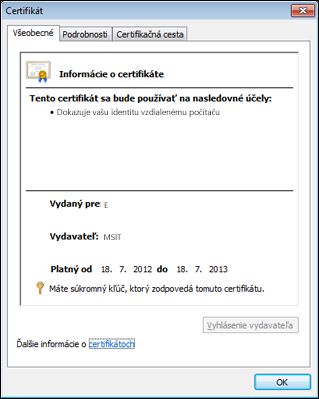 Dialógové okno Certifikát