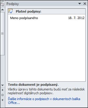 Tabla Podpisy s platným signatárom