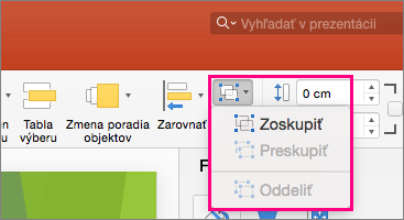 Zobrazuje ikonu Zoskupiť na páse s nástrojmi v PowerPointe 2016 pre Mac