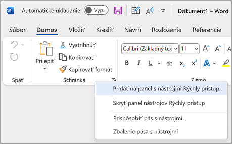 Obrázok rozbaľovacieho zoznamu na prispôsobenie panela s nástrojmi Rýchly prístup na pridanie príkazov