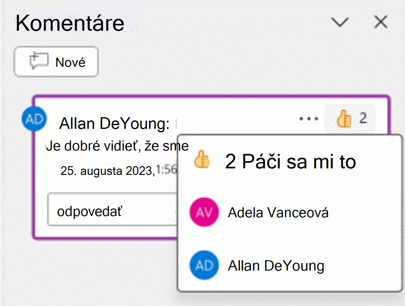 Snímka obrazovky s reakciou Palec nahor na komentár