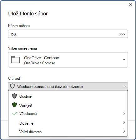 Snímka obrazovky dialógového okna Uložiť s rozbaleným indikátorom citlivosti zobrazujúcim možnosti označenia citlivosti.