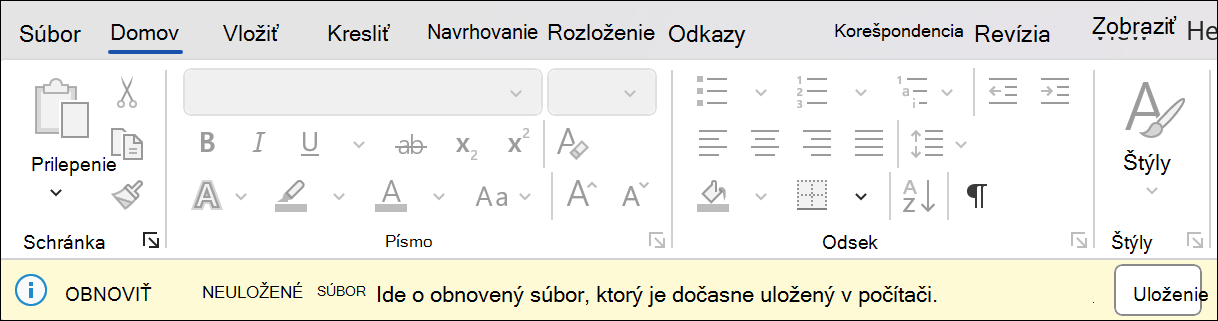 Snímka obrazovky obnovenia relácie vo Worde s hlásením Obnoviť neuložený súbor: Ide o obnovený súbor, ktorý je dočasne uložený v počítači. Vedľa neho je tlačidlo Uložiť.