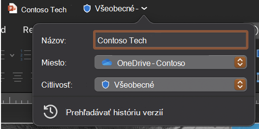 Rozbalený rozbaľovací zoznam záhlavia zobrazujúci názov, umiestnenie a citlivosť súboru.