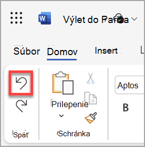 Tlačidlo Späť v Microsoft Word pre web.