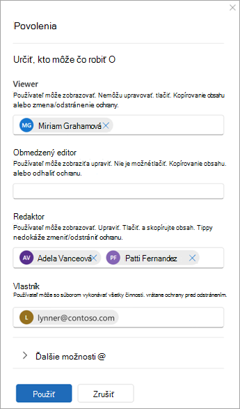 Snímka obrazovky s dialógovým oknom s názvom Povolenia s možnosťami na pridanie používateľov ako používateľov, obmedzených editorov, editorov a vlastníkov.