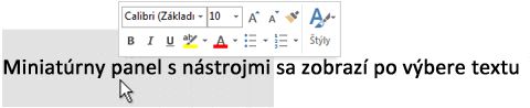 Miniatúrny panel s nástrojmi s vybratým textom